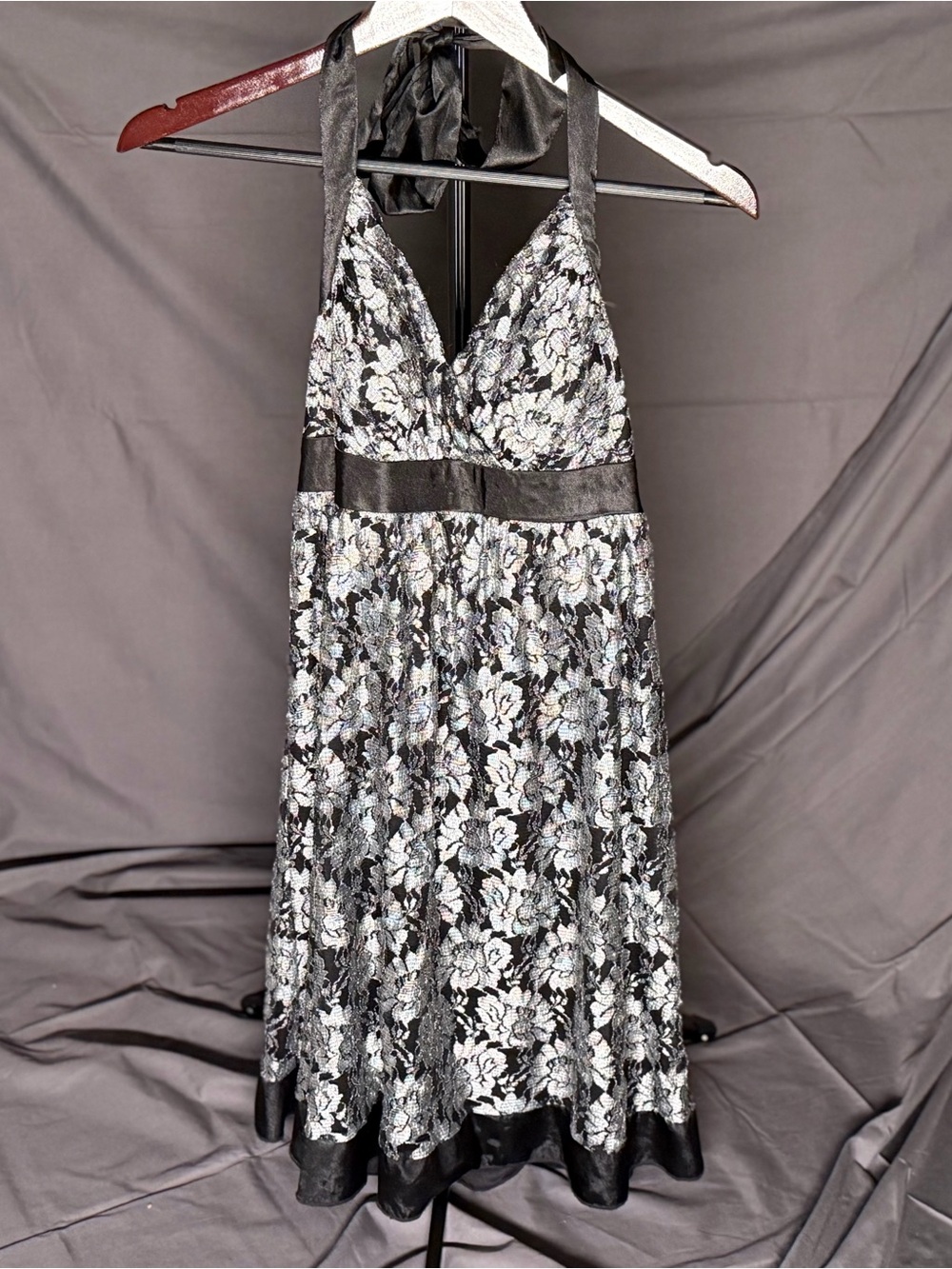 Teeze Me Black and Silver Halter Floral Lace Dress 00’s